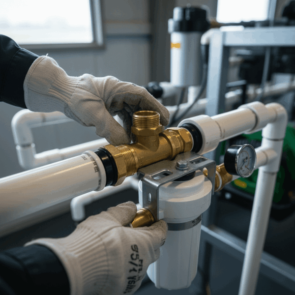 Mains d'agriculteur vérifiant le disconnecteur et les raccords de tuyauterie d'une installation de récupération d'eau de pluie
