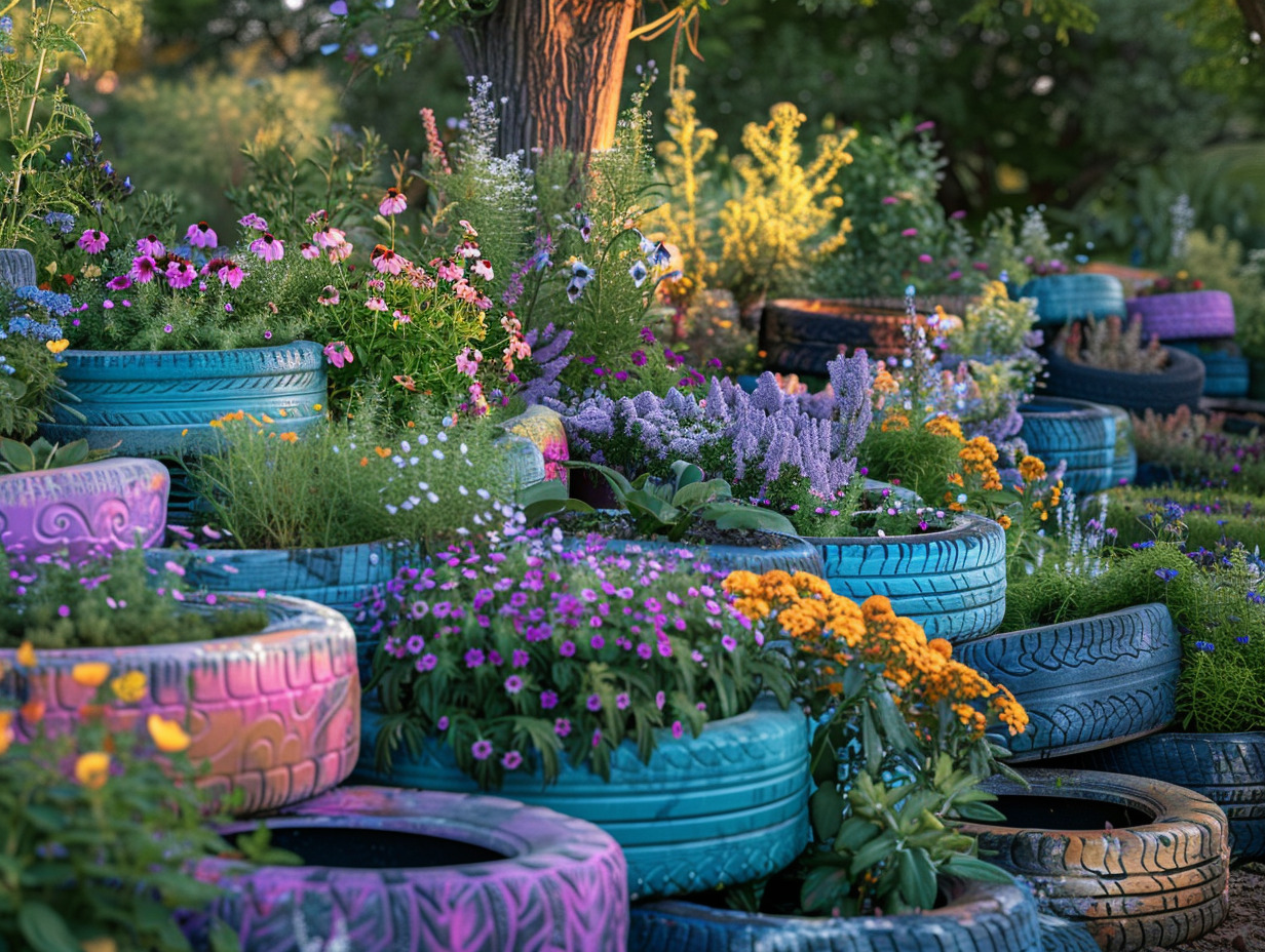 Astuces déco jardin transformer des pneus en éléments décoratifs Jamet