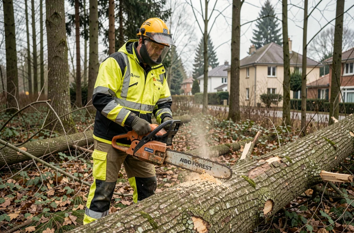 Spécialiste forestier d'ABD Forest en tenue haute visibilité sectionnant un tronc abattu dans un bois en périphérie de Seine-Saint-Denis