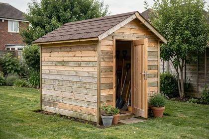 Abri de jardin en bois style bricodepot installé dans un jardin suburban bien entretenu avec outils visibles