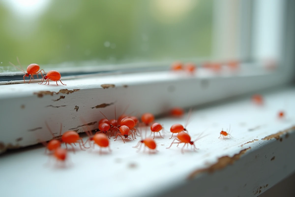 Acariens rouges regroupés sur un rebord de fenêtre en bois blanc à l'intérieur d'une maison