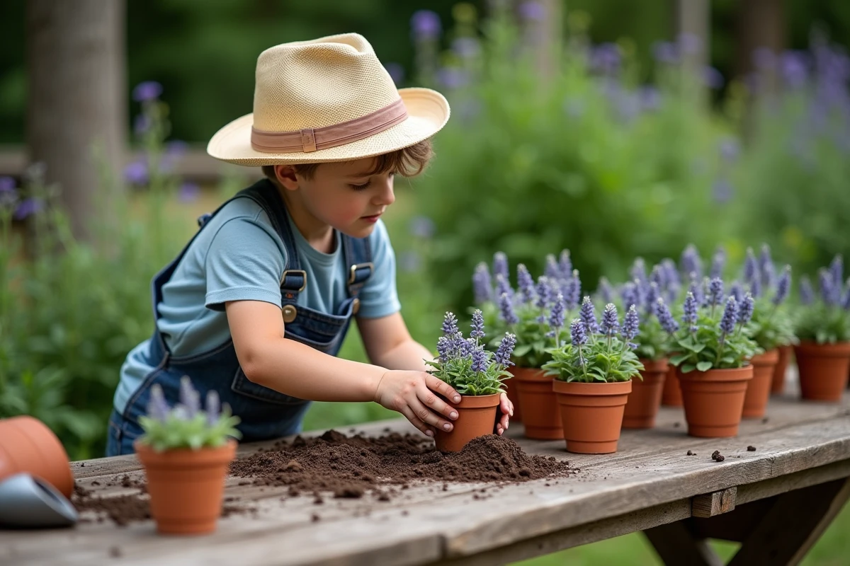 Jeune plantant de la sauge dans des pots en extérieur