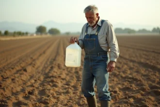 Agriculteur espagnol examinant un bidon de glyphosate de 5 litres dans un champ agricole aride