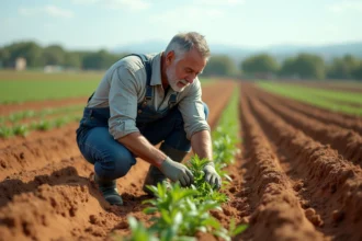 Agriculteur espagnol examinant des mauvaises herbes dans un champ cultivé, évaluant l'efficacité des désherbants agricoles