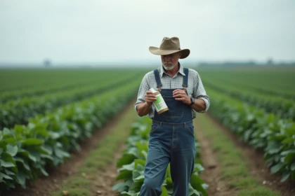Agriculteur examinant l'étiquette d'un herbicide dans un champ de culture, gestion responsable des produits phytosanitaires