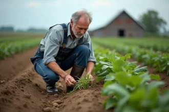 Agriculteur inspectant les mauvaises herbes entre les rangs de cultures dans un champ agricole, réflexion sur le choix d'herbicide glyphosate ou alternative