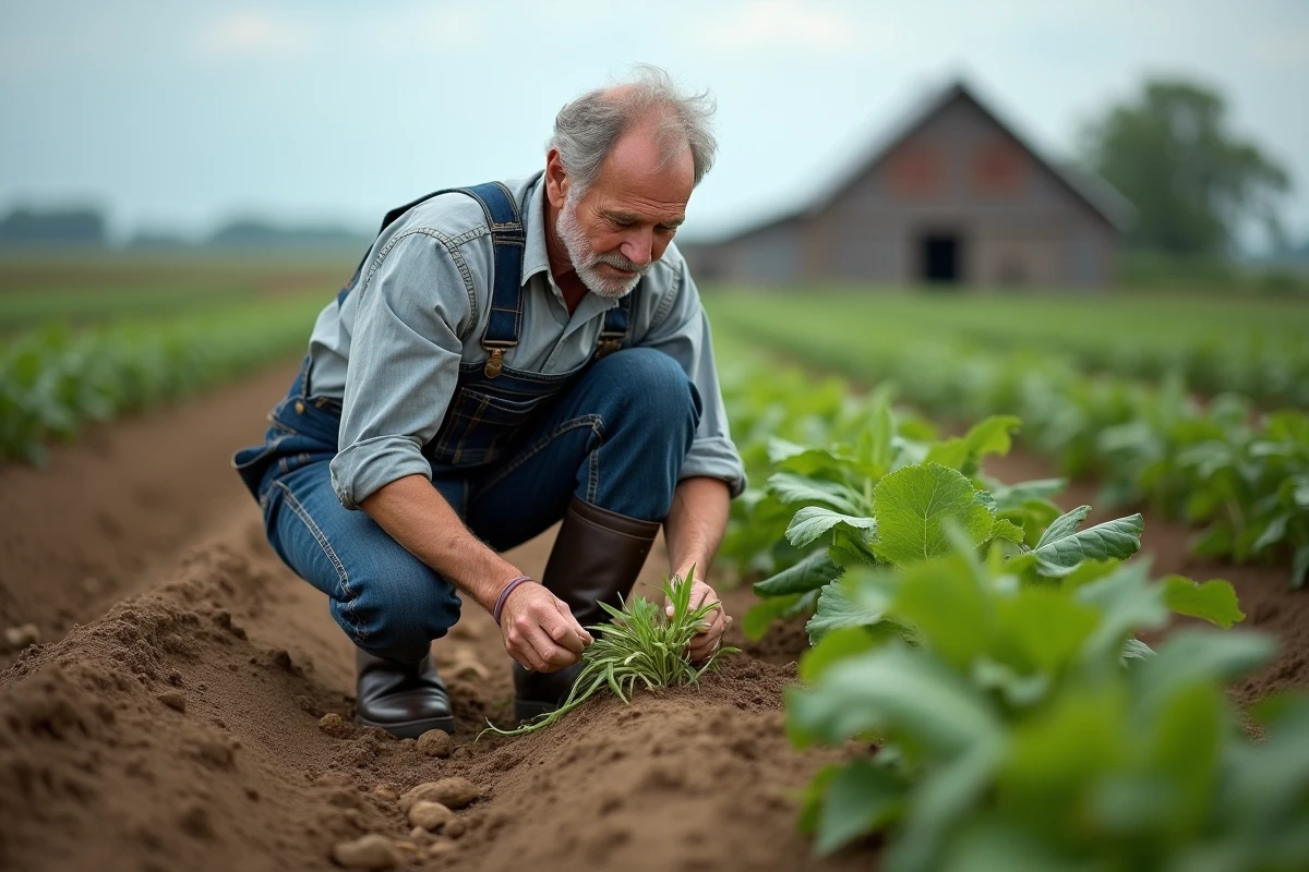 Agriculteur inspectant les mauvaises herbes entre les rangs de cultures dans un champ agricole, réflexion sur le choix d'herbicide glyphosate ou alternative