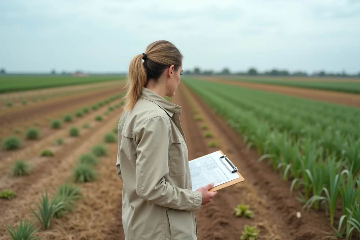 Agronome féminine comparant deux parcelles agricoles avec différents traitements désherbants en Espagne