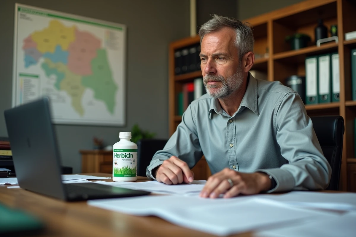 Agronome consultant des documents réglementaires sur les herbicides dans un bureau de coopérative agricole