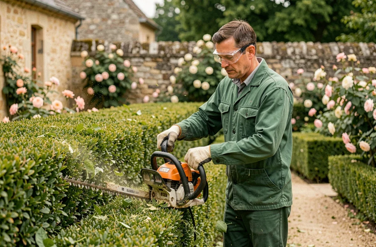 Paysagiste d'Allain Paysage Entretien taillant une haie de buis le long d'une allée dans un jardin privé à Chemillé-en-Anjou