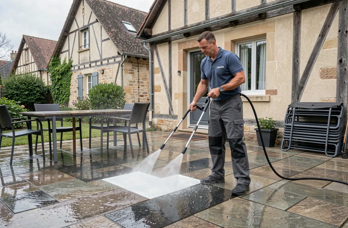 Agent d'entretien d'Alsace Propre Net nettoyant au jet haute pression une terrasse en pierre devant une maison alsacienne à colombages