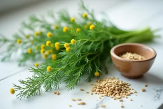 Tiges d'aneth fraîches avec graines séchées sur marbre blanc, plante médicinale aux vertus digestives