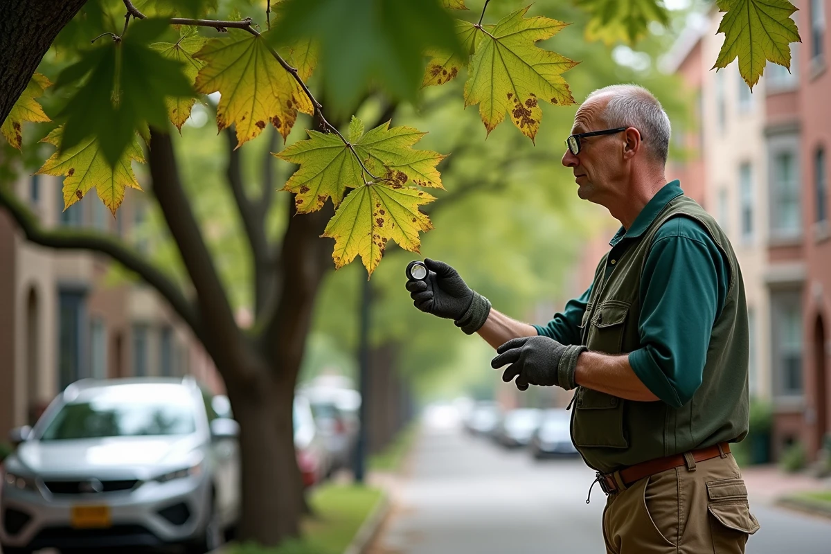 Arboriste professionnel inspectant des feuilles malades d'un platane atteint d'une maladie fongique en milieu urbain