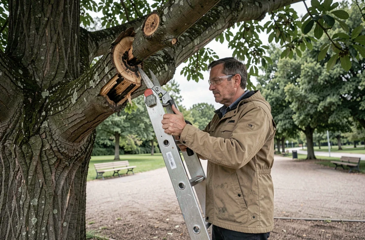 Arboriste en train de tailler une branche malade d'un mûrier platane dans un parc public, traitement de maladie fongique