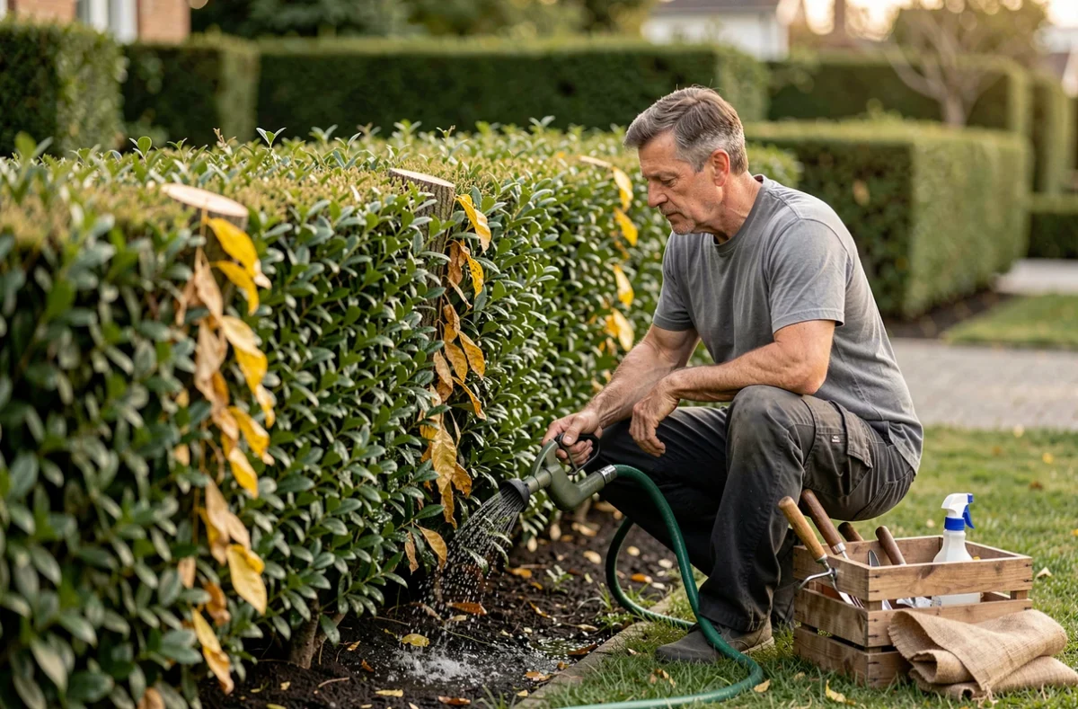 Homme arrosant la base d'une haie de lauriers taillés après une canicule dans un jardin de banlieue résidentielle