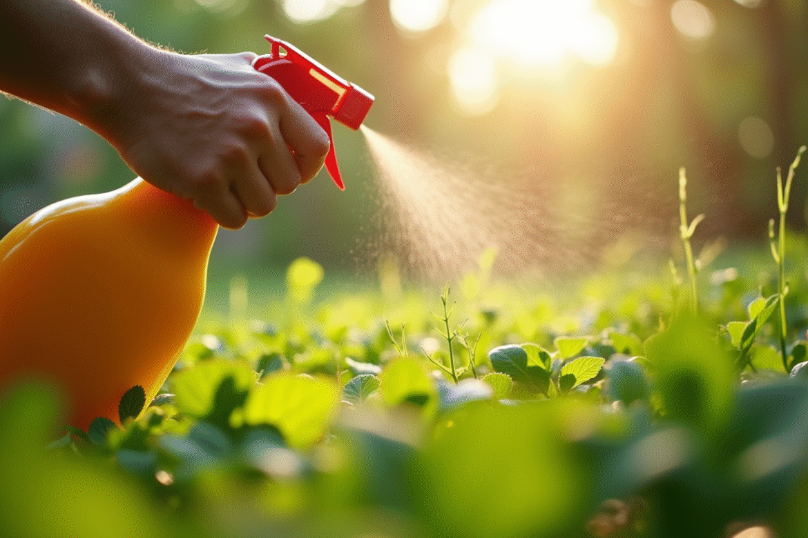Personne pulvérisant un désherbant naturel dans le jardin