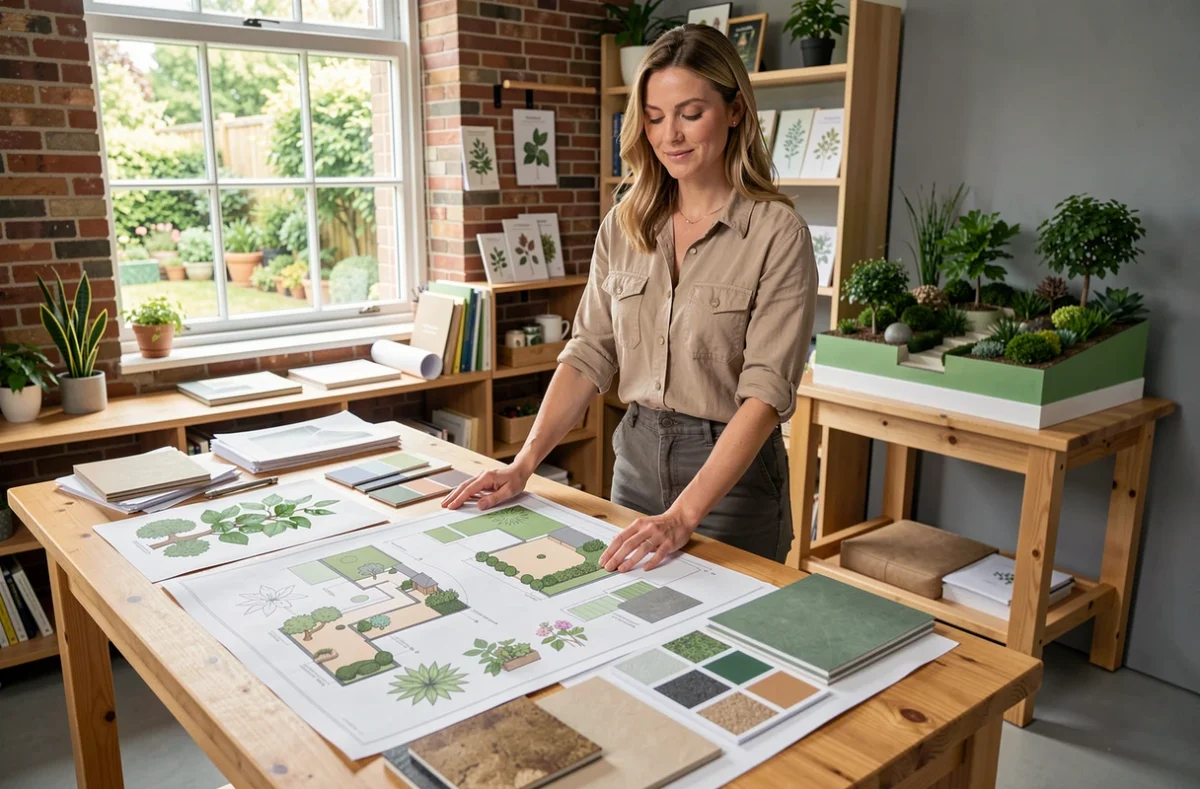 Architecte paysagiste d'Art des Jardins travaillant sur des plans de conception personnalisée