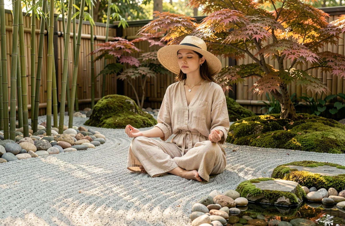 Consultante de jardins Aumakua dans un jardin zen inspiré de la nature avec bambous, pierres et érable japonais en cadre serein