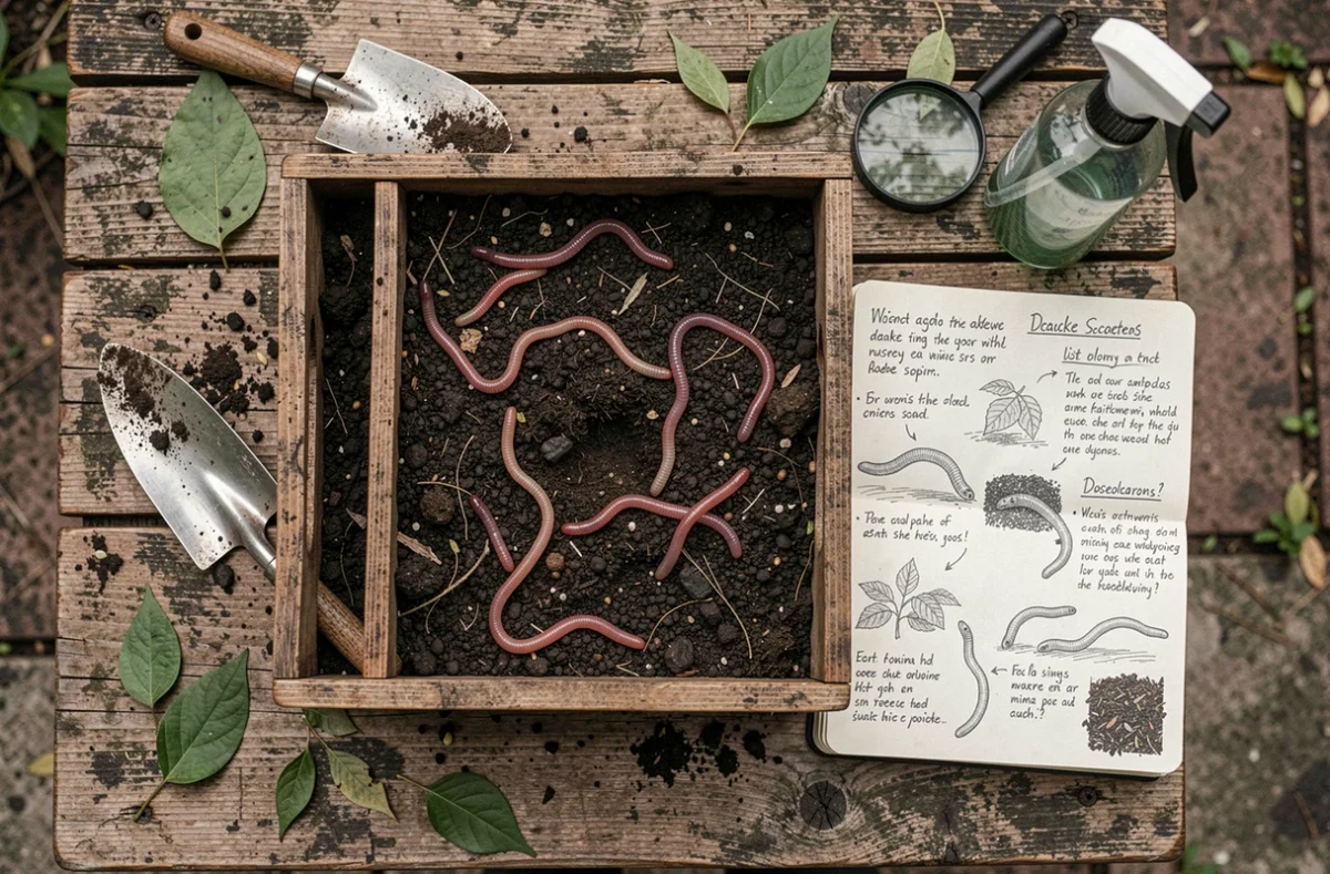 Vue du dessus d'un bac de compost avec des vers de terre, une loupe, des outils de jardinage et un carnet d'observation sur une table en bois