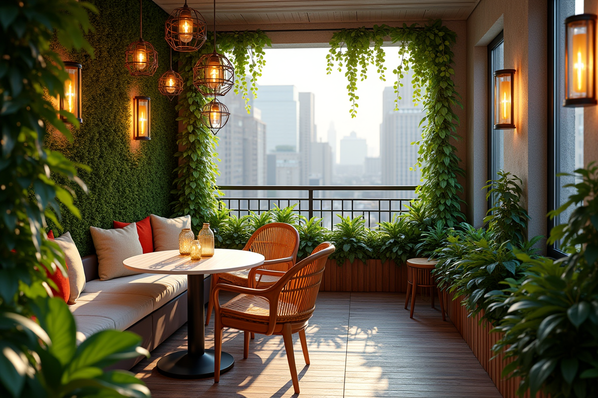 Balcon urbain avec jardin vertical et mobilier élégant en journée