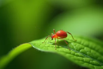 Petite bestiole rouge araignée tétranyque en gros plan sur une feuille de plante verte