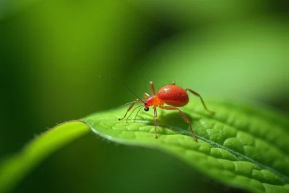 Petite bestiole rouge araignée tétranyque en gros plan sur une feuille de plante verte