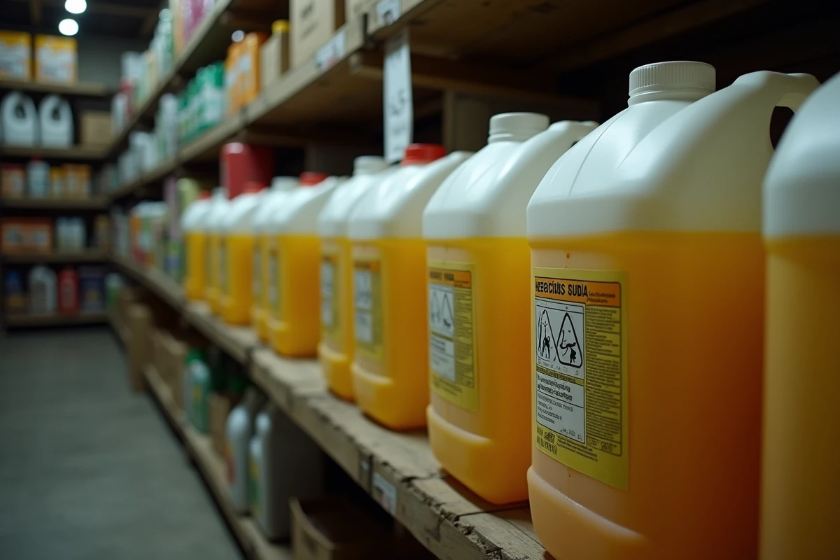 Bidons de glyphosate génériques de 5 litres alignés sur une étagère d'une coopérative agricole espagnole