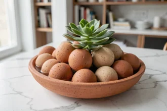 Billes d'argile dans un bac en céramique avec une plante succulente sur un plan de travail en marbre blanc