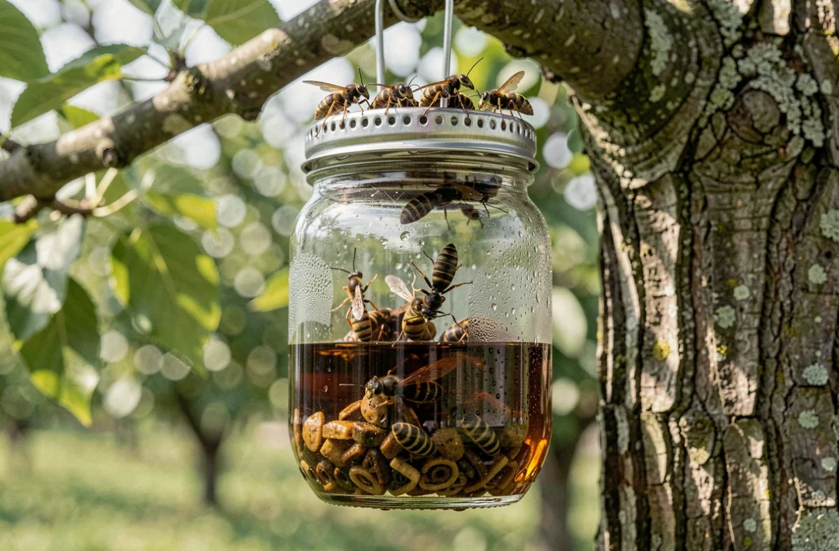 Bocal en verre utilisé comme piège à guêpes suspendu à une branche d'arbre dans un verger avec des guêpes attirées par l'appât ambré à l'intérieur