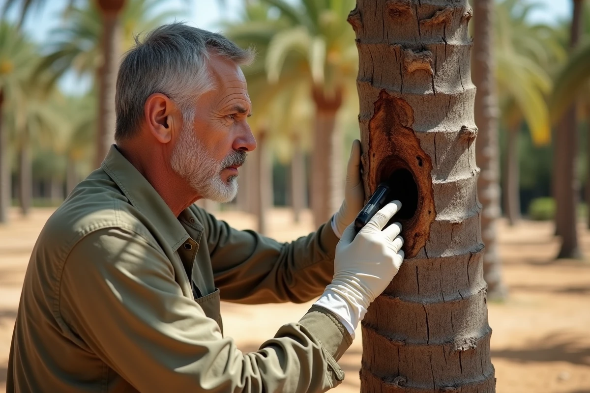 Botaniste inspectant un palmier Phoenix canariensis endommagé par des larves de lépidoptères