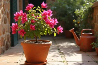 Bougainvillier en pot de terre cuite sur une terrasse méditerranéenne pendant la canicule avec sol sec et arrosoir