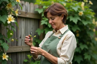 Femme prélevant un bouturage de chèvrefeuille sur bois vert dans un jardin fleuri