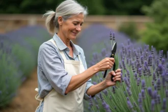 Femme en tablier de lin taillant une bouture de lavande dans un jardin en fleurs avec des ciseaux de jardinage