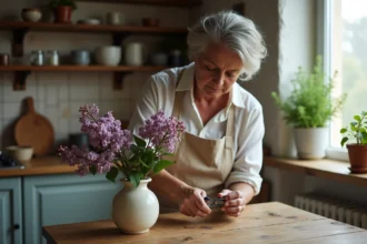 Femme qui taille une tige de lilas fané pour réaliser une bouture, sur une table en bois rustique dans une cuisine