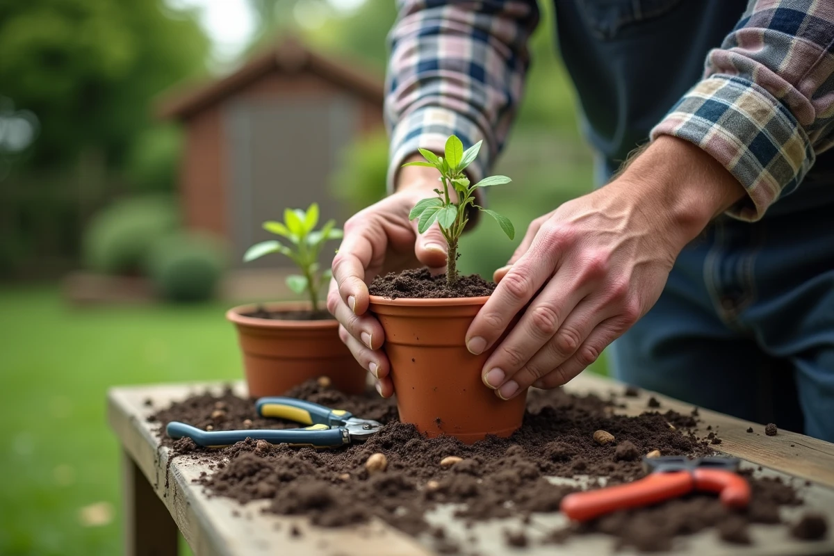 Mains masculines replantant une bouture de lilas dans un pot en terre cuite sur un établi de jardinage en extérieur