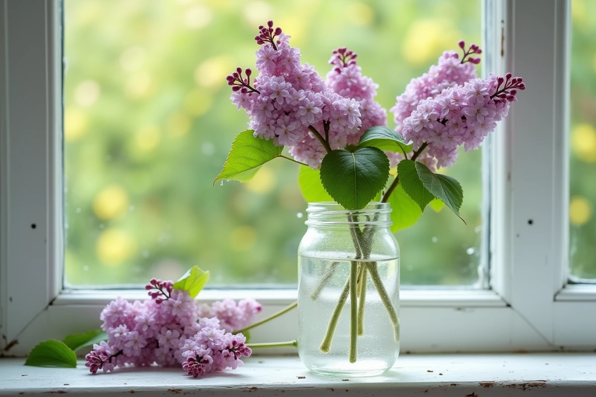 Boutures de lilas dans un bocal en verre posé sur un rebord de fenêtre, tentative de reproduction à partir d'un bouquet fané
