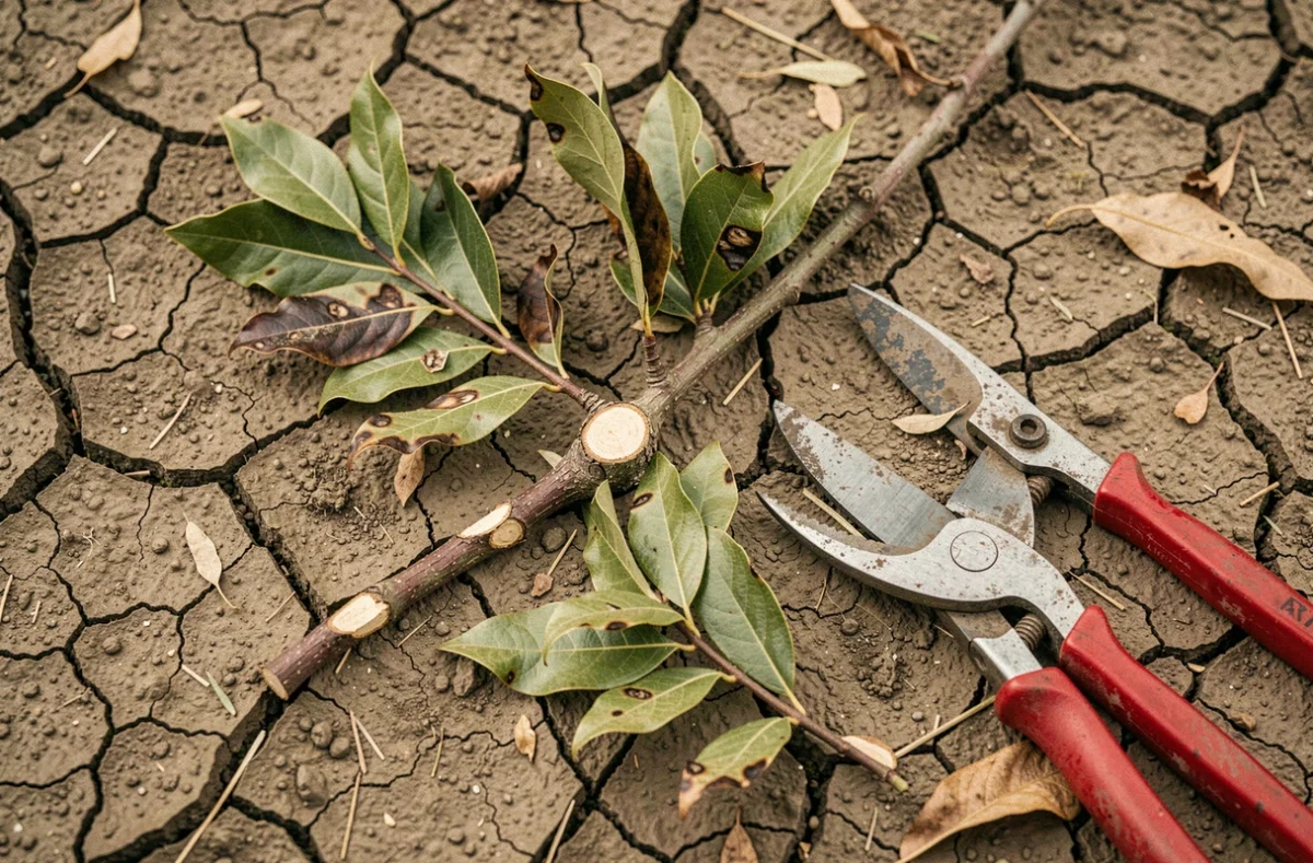 Gros plan de branches de laurier taillées et brûlées par la canicule posées sur un sol craquelé avec un sécateur rouge