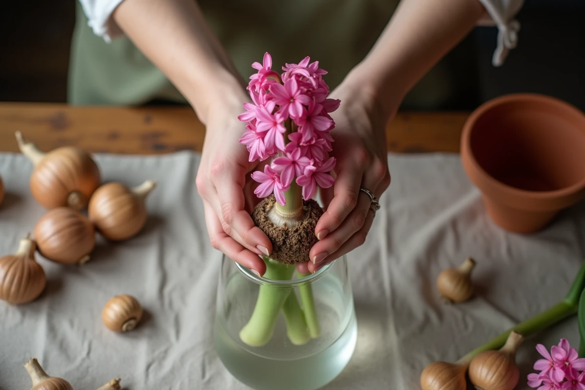 Mains de femme plaçant un bulbe de jacinthe dans un vase à forçage en verre rempli d'eau
