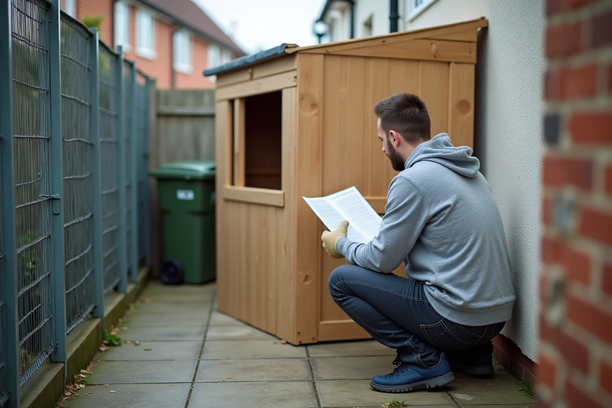 Homme lisant les instructions d'un cabanon en kit appuyé contre le mur d'une maison mitoyenne près d'une clôture séparant deux jardins