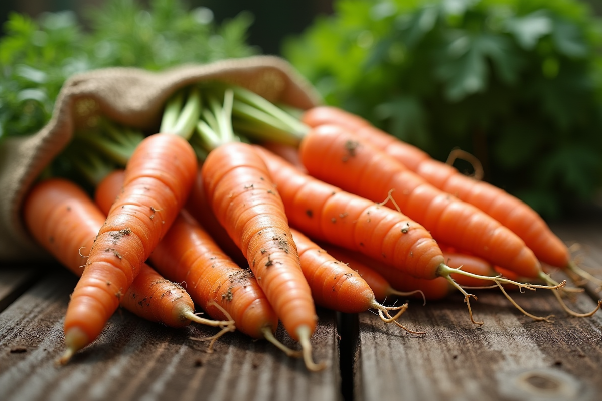 Carottes fraîches avec terre sur une table en bois sous la lumière du soleil