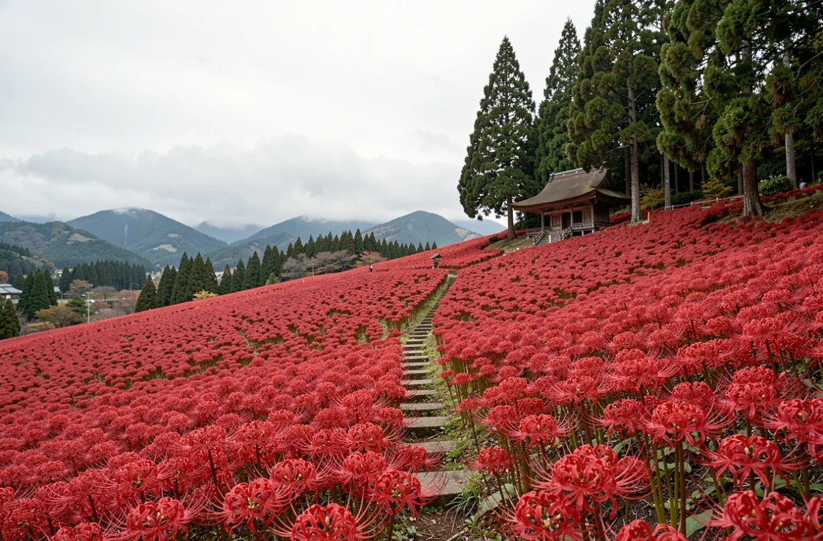 Vaste champ de Lycoris radiata en pleine floraison automnale sur une colline japonaise avec un sentier en pierre menant à un sanctuaire traditionnel