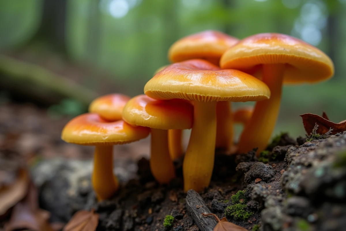Champignons orange poussant sur bois en forêt