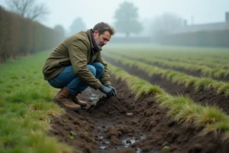 Homme examinant des taupinières dans un grand terrain de jardin au printemps