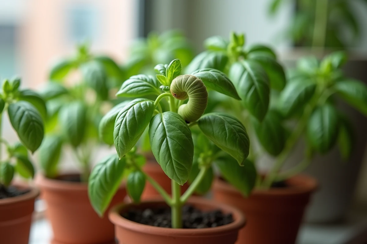Petite chenille verte repérée sur une tige de basilic en pot sur un rebord de fenêtre de cuisine, contexte jardin intérieur