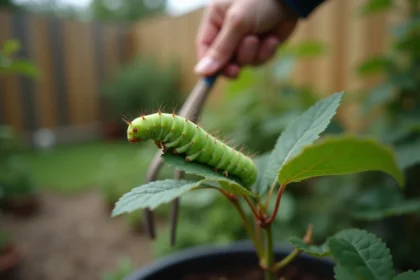 Chenille verte sur une feuille de rosier en extérieur