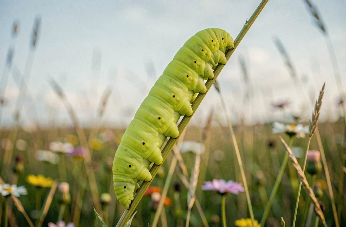 Chenille verte fluorescente en train de grimper sur une tige dans une prairie sauvage, perspective au ras du sol