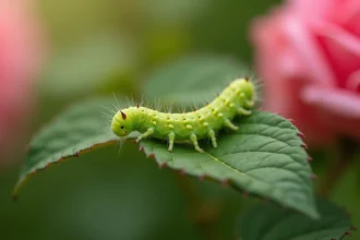 Petite chenille verte sur une feuille de rosier vue en gros plan macro, avec des boutons de roses roses flous en arrière-plan dans un jardin