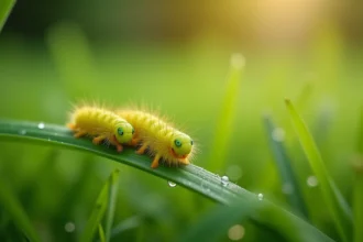 Gros plan de chenilles jaunes et vertes sur des brins d'herbe dans un jardin résidentiel