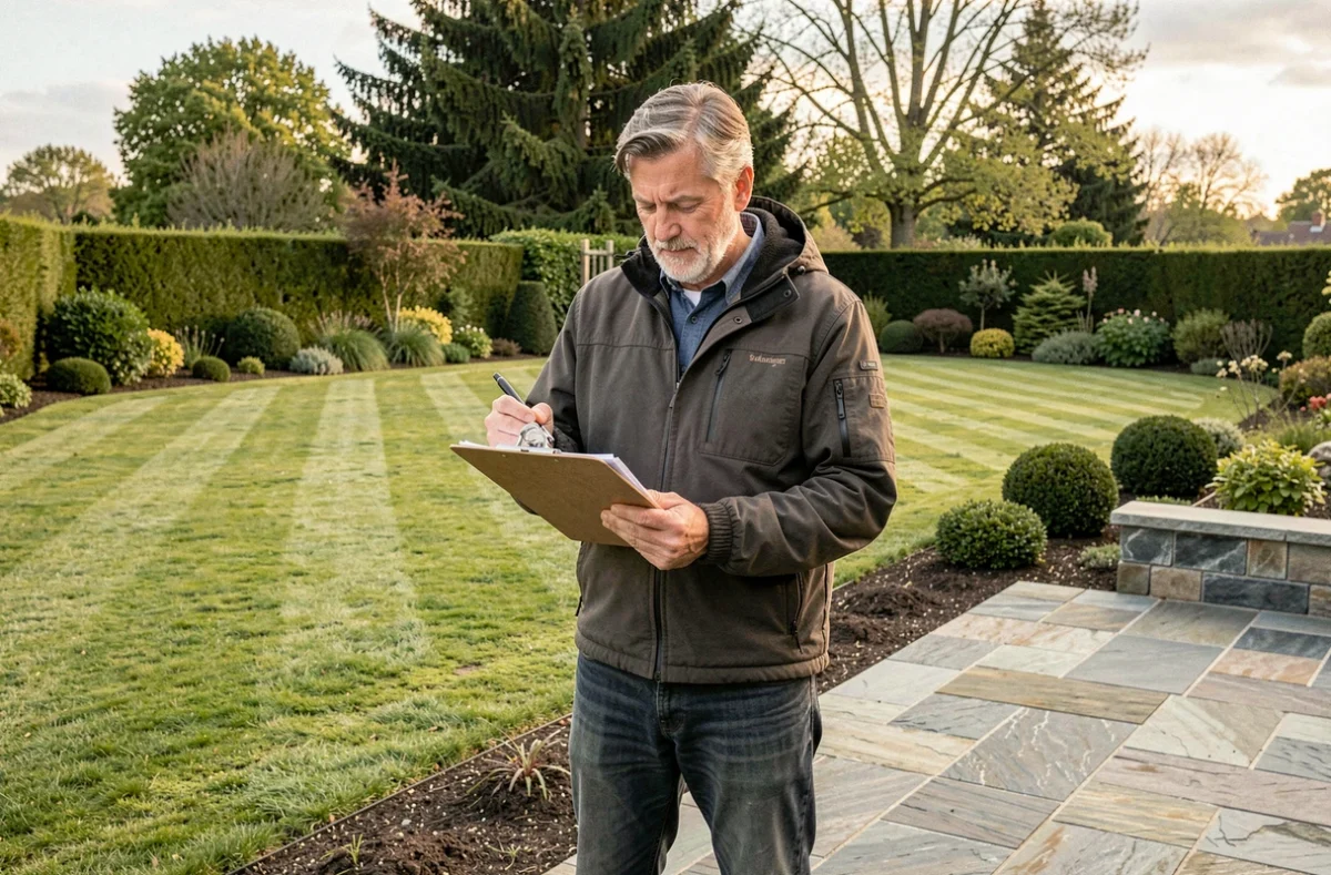 Paysagiste polyvalent de Christian Allain Paysage inspectant un jardin aménagé comprenant pelouse, haies et terrasse en pierre dans le département 49