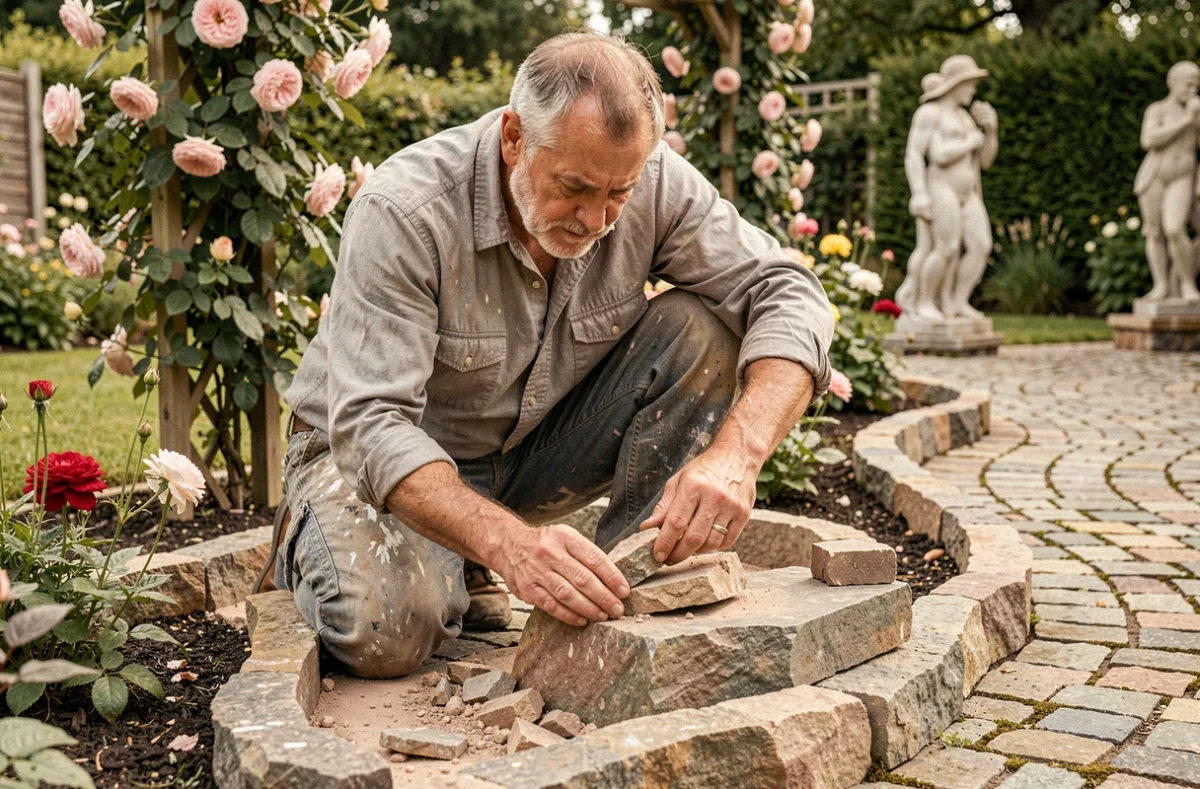 Paysagiste artisan de Christophe Créations sculptant un élément décoratif en pierre naturelle dans un jardin avec bordures florales et rosiers grimpants